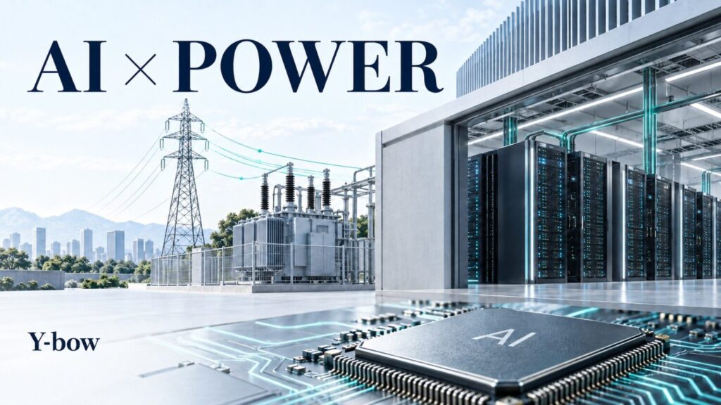 AI servers, a semiconductor chip and power-grid infrastructure / AIサーバー・半導体・送電設備のイメージ