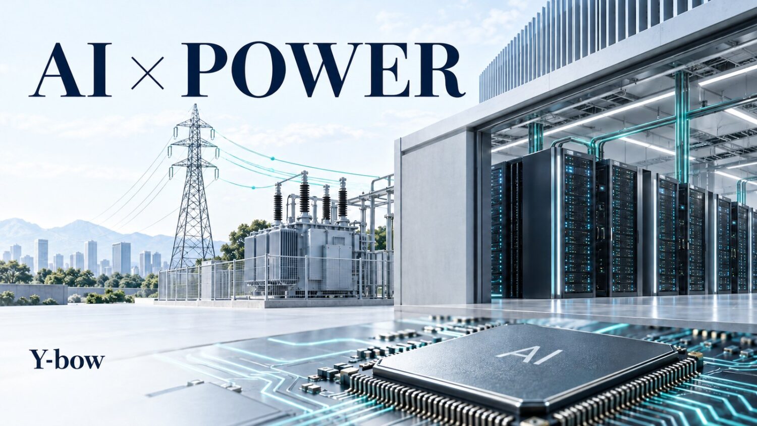 AI servers, a semiconductor chip and power-grid infrastructure / AIサーバー・半導体・送電設備のイメージ