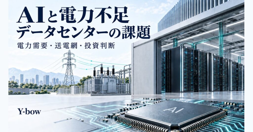 AIと電力不足:データセンターの電力需要、送電網、投資判断のイメージ