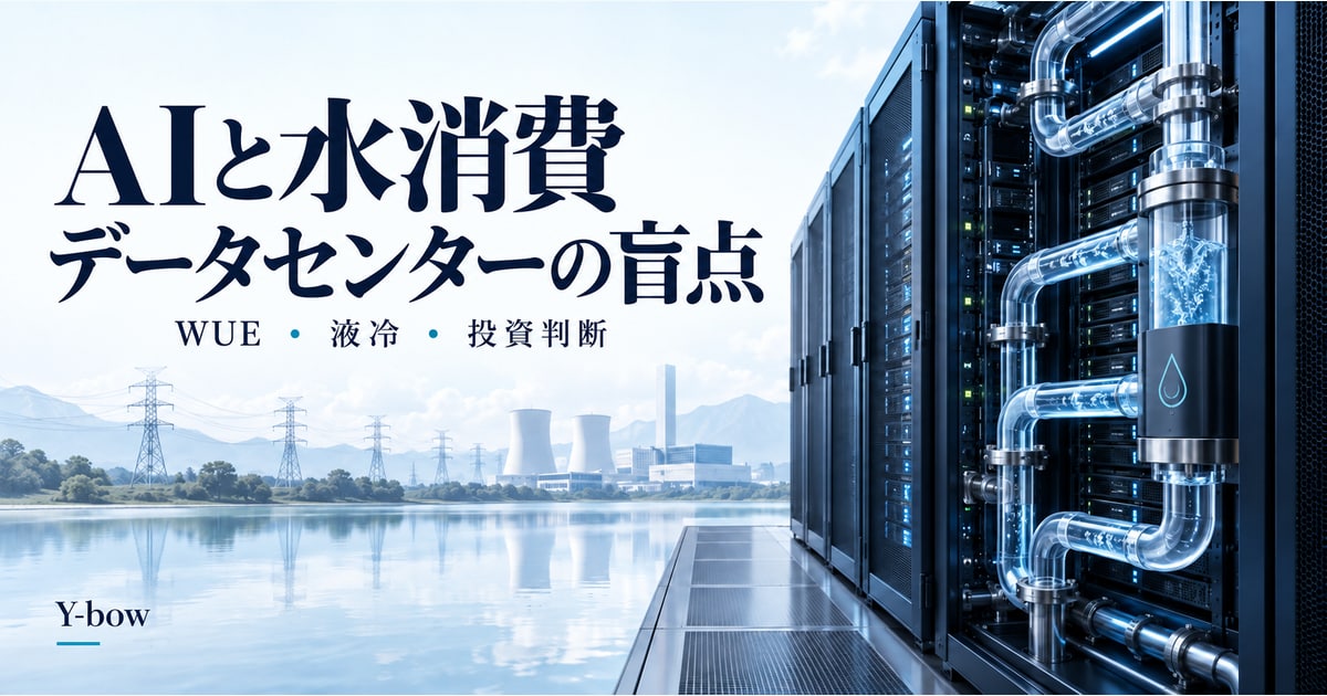 AIと水消費:データセンターの冷却、WUE、投資判断のイメージ