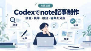 Codexでnote記事を制作し、調査・執筆・検証・編集を分担するイメージ