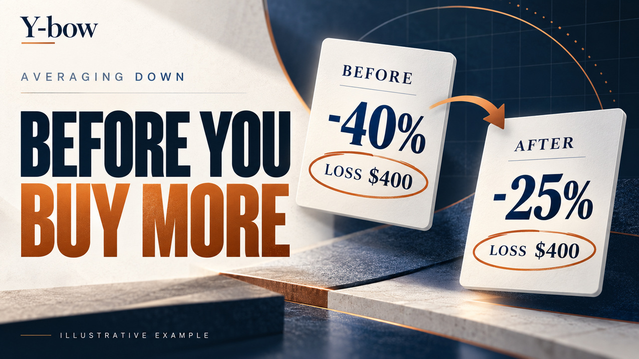 Averaging down: before −40% and after −25%, with a $400 loss in both cases.