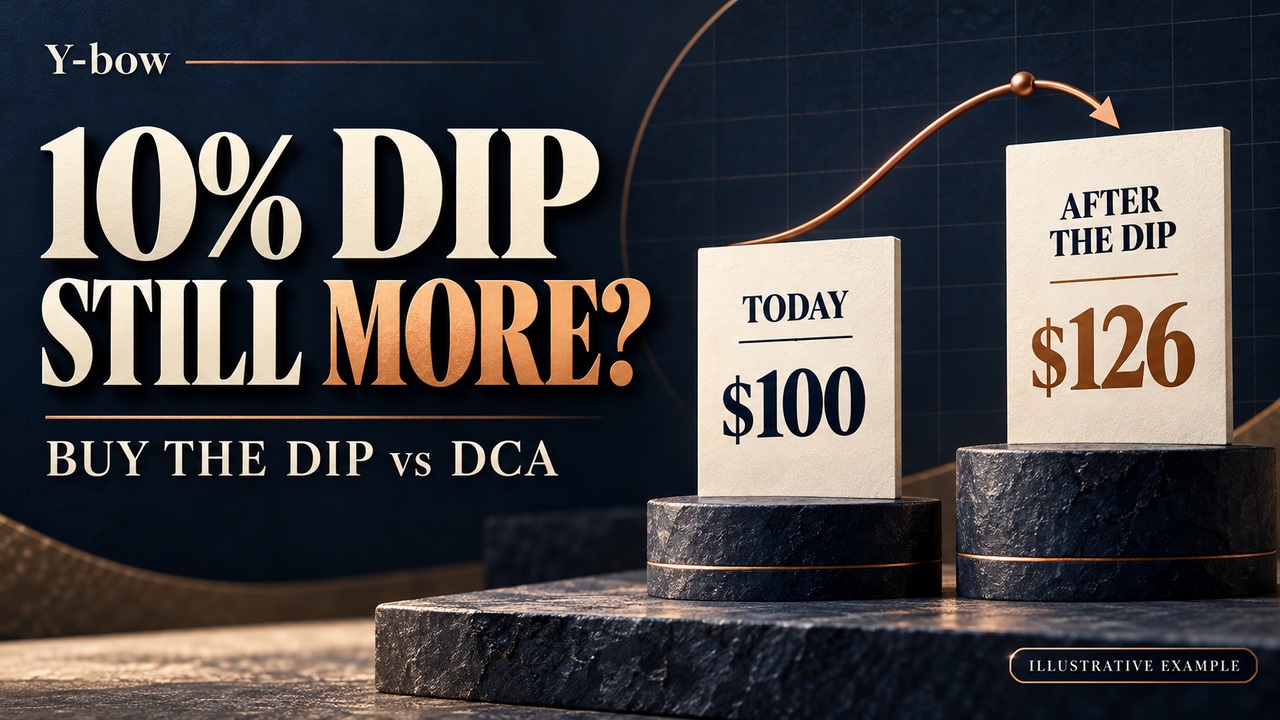 A hypothetical fund costs $100 today and $126 after a later 10% dip. Buy the dip versus dollar-cost averaging comparison.