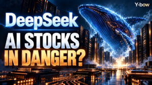 DeepSeek: AI stocks in danger? A conceptual blue technology whale rises among servers and copper circuits.