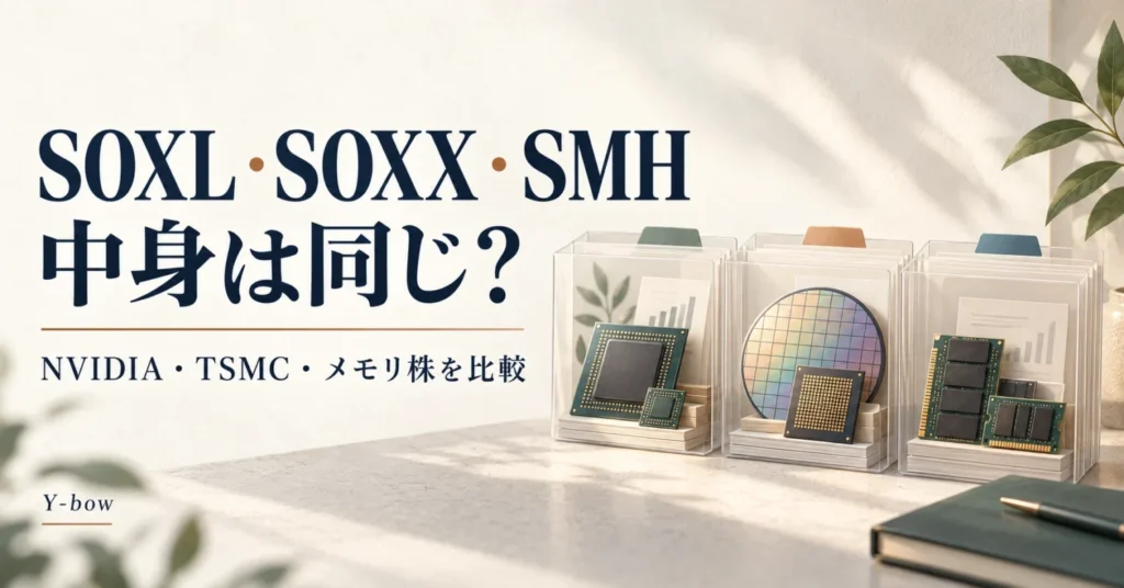 SOXL・SOXX・SMHの違い|NVIDIA・TSMC・メモリ株への投資比率を比較。概念イラスト。