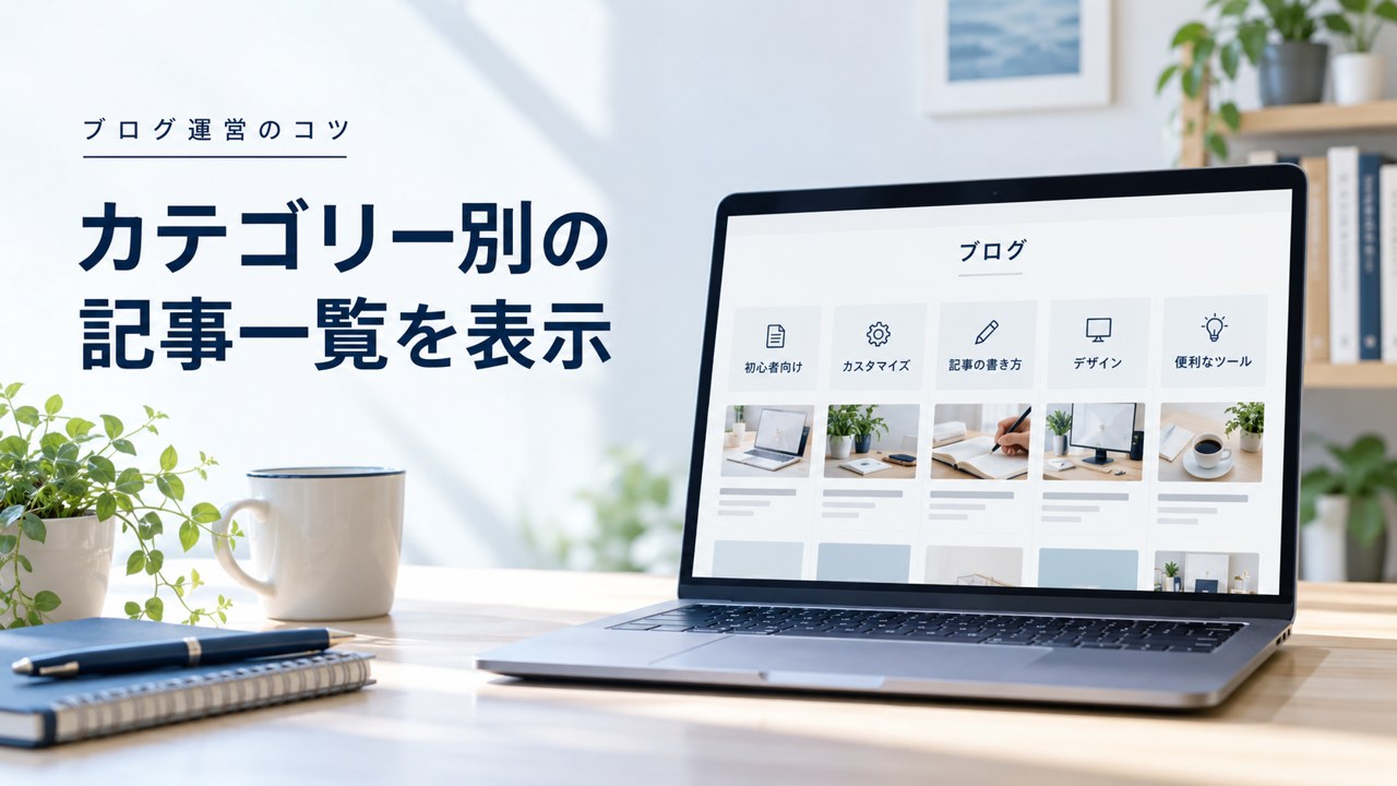 ブログ運営のコツ:【ブログ】トップページにカテゴリー別の記事一覧を表示する方法を題材にしたイメージ