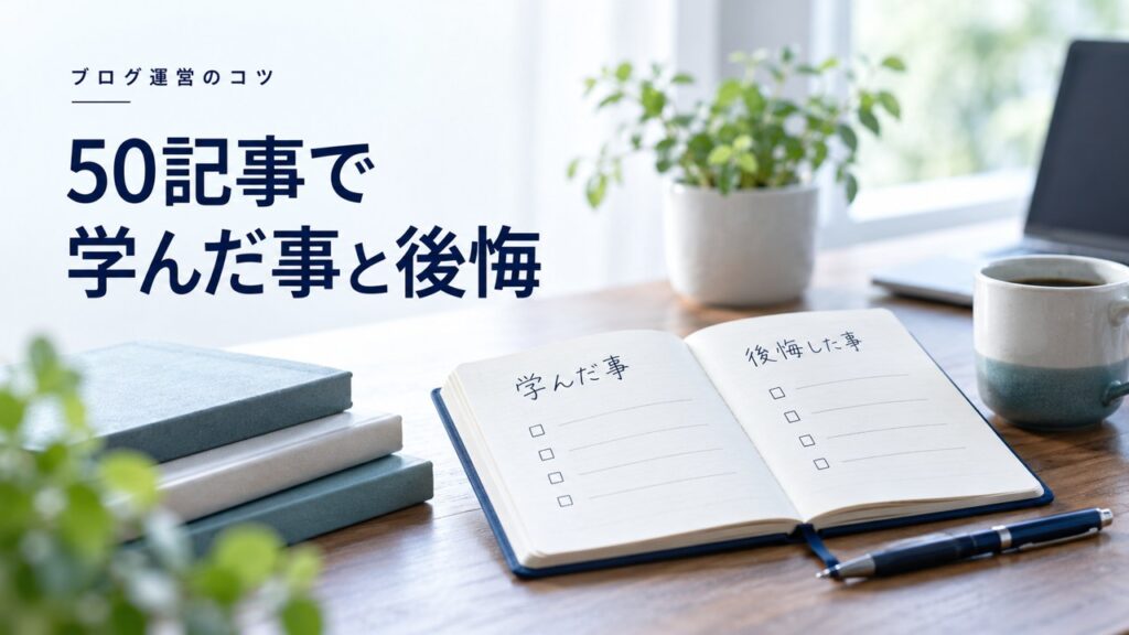 ブログ運営のコツ：【ブログ】50記事・毎日更新：学んだ事／後悔した事を題材にしたイメージ