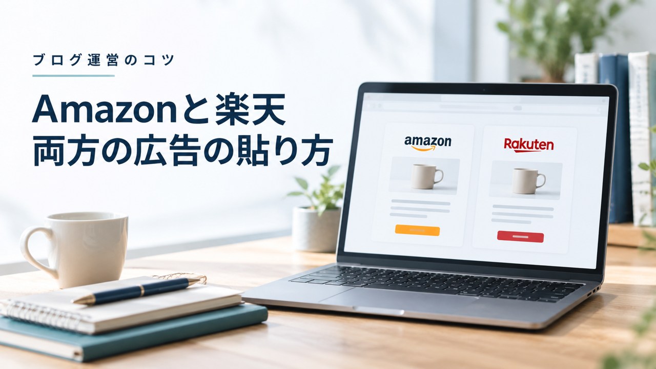 ブログ運営のコツ:【ブログ】アフィリエイト:Amazonと楽天両方の広告の貼り方を題材にしたイメージ