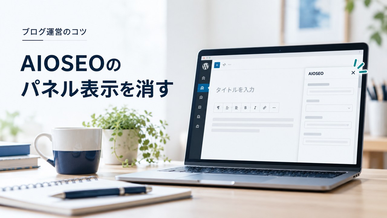 ブログ運営のコツ:ブロックエディターで邪魔なAIOSEOのパネル表示を消す方法を題材にしたイメージ