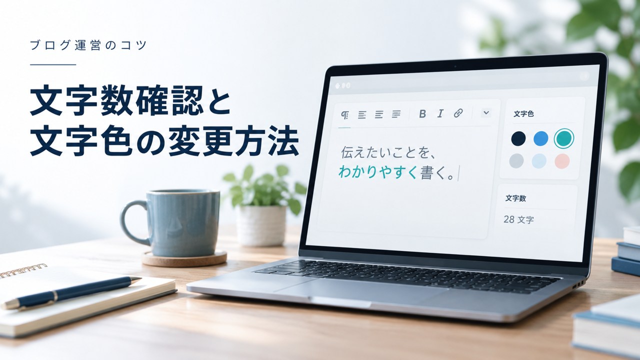 ブログ運営のコツ:ブロックエディターでの文字数確認と文字色の変更方法を題材にしたイメージ