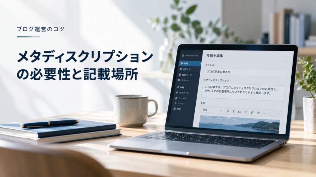ブログ運営のコツ：ブログのメタディスクリプション：必要性と記載場所をSWELLで解説を題材にしたイメージ