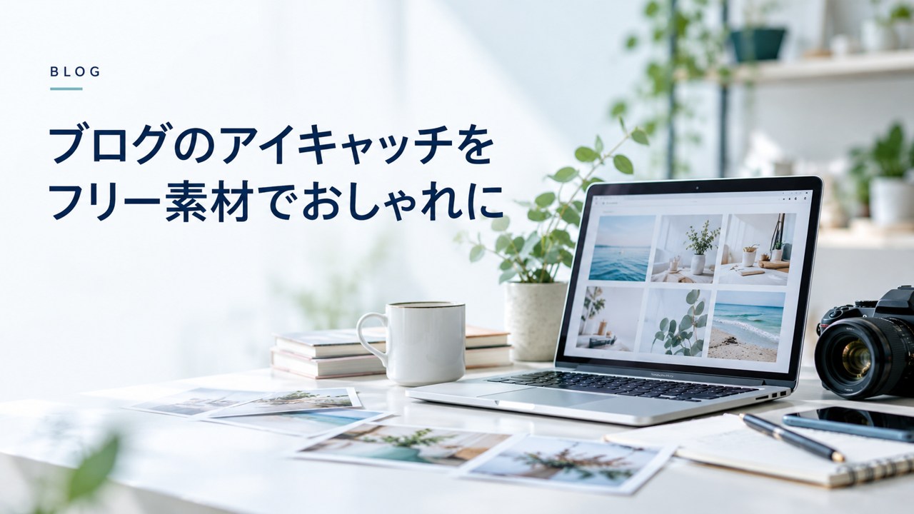 ブログ運営のコツ：ブログのアイキャッチをフリー素材でおしゃれに量産する方法を題材にしたイメージ