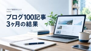 ブログ運営のコツ：ブログ100記事/3ヶ月続けてみた結果：アクセス数、PV数、収益を題材にしたイメージ