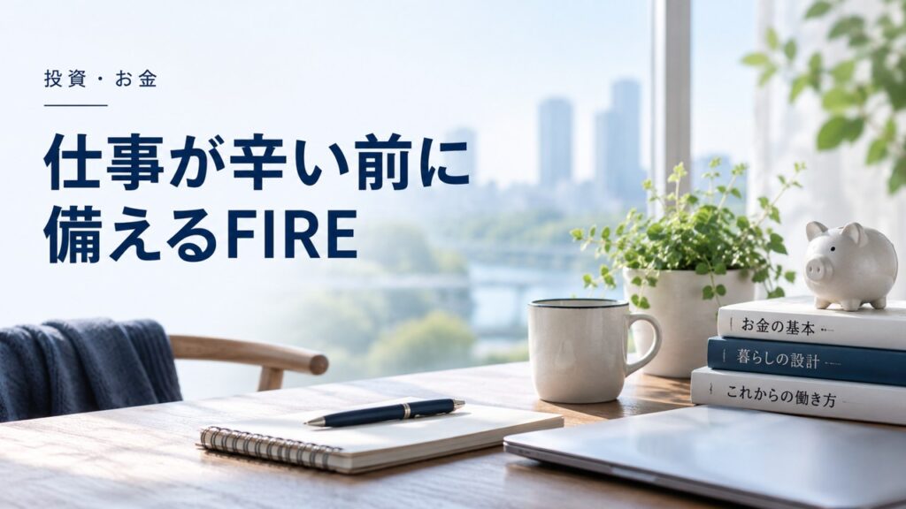 投資・お金：仕事が辛い・辞めたいと思う前に備えておくべき事：FIREに向けてを題材にしたイメージ