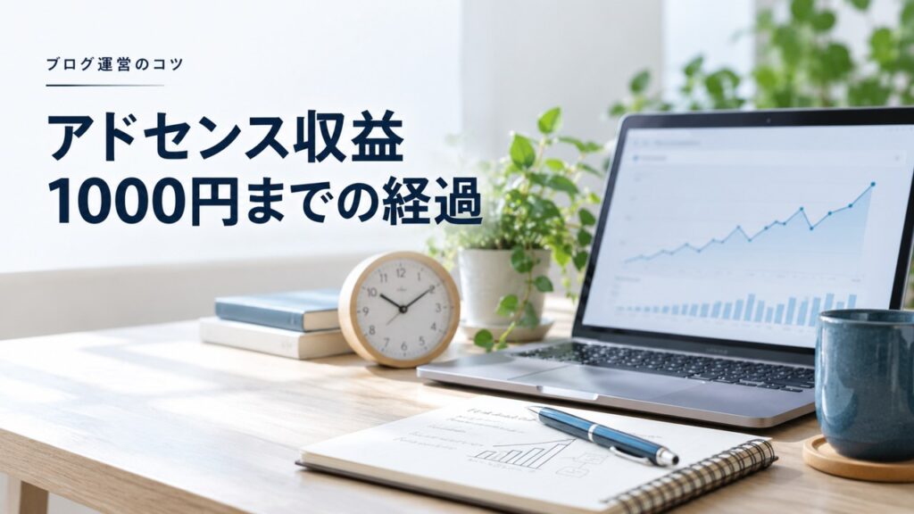 ブログ運営のコツ：アドセンス収益1000円までの経過｜かかった時間とアクセス数推移を題材にしたイメージ
