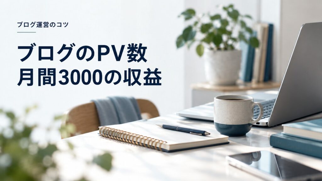 ブログ運営のコツ：ブログのPV数：月間3000到達時の収益とかかった期間・記事数を題材にしたイメージ