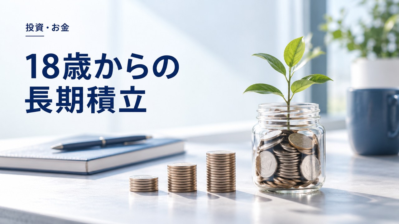 投資・お金：毎月1万円の投資｜18歳からの投資が可能→長期積立の超絶メリットを題材にしたイメージ