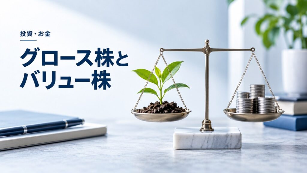 投資・お金：グロース株とバリュー株｜おすすめとメリット・デメリットを題材にしたイメージ