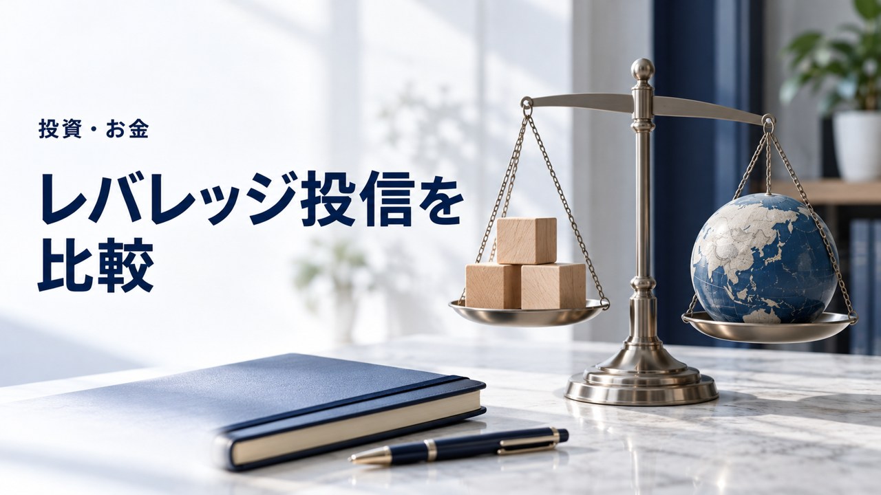 投資・お金:レバレッジ投資信託の比較|倍率・費用・期限・為替を見るを題材にしたイメージ
