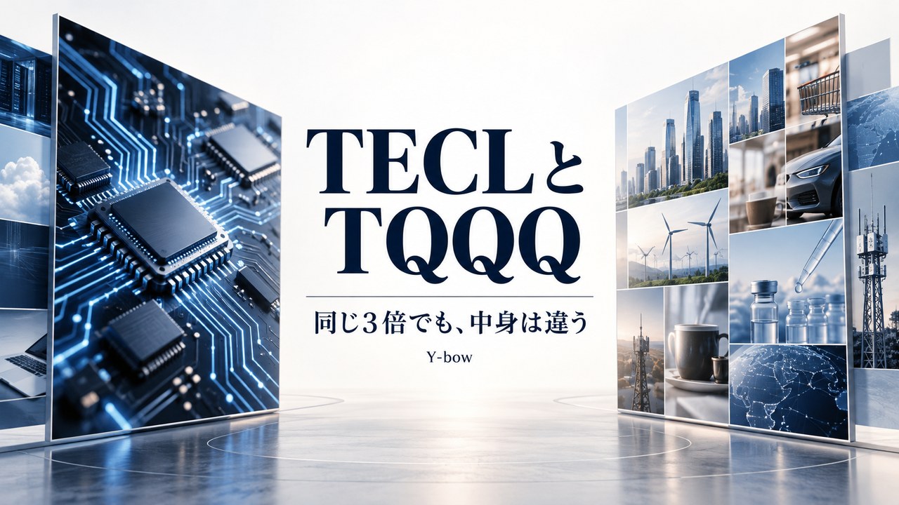TECLとTQQQは同じ3倍でも違う|投資対象と長期保有の注意点をテーマにした編集用イメージ。図柄は実際の運用データではありません。