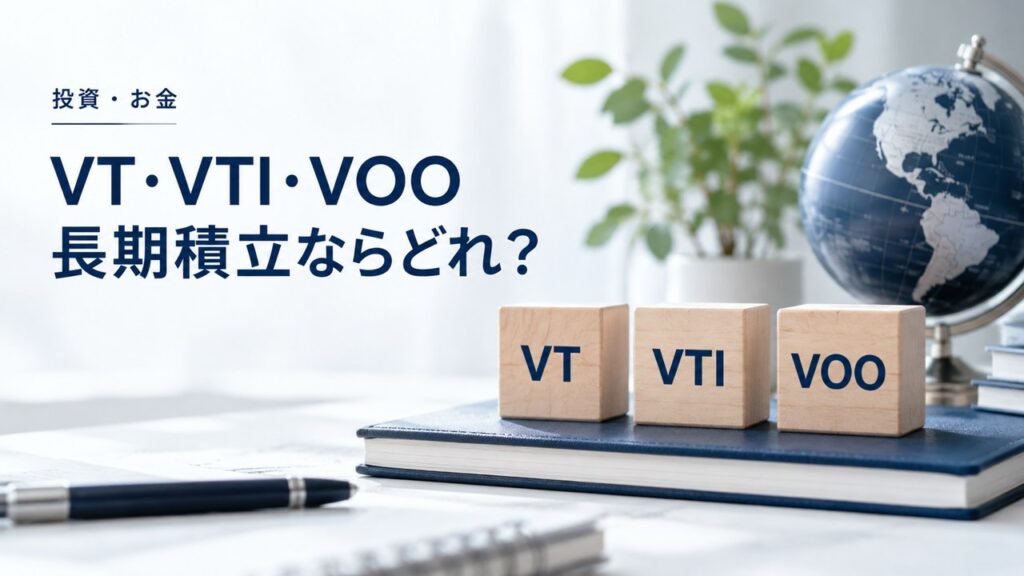 投資・お金：VT・VTI・VOOの違い｜投資対象・費用・成績の比較条件を題材にしたイメージ