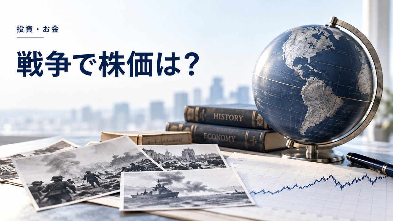投資・お金：戦争で株価は？超長期（100〜200年）で見る米国株価の推移を題材にしたイメージ