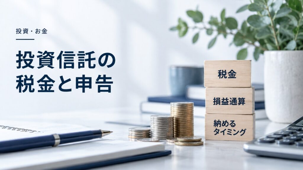 投資信託で儲けた時の税金を納めるタイミング・損益通算と税率を紹介するイメージ