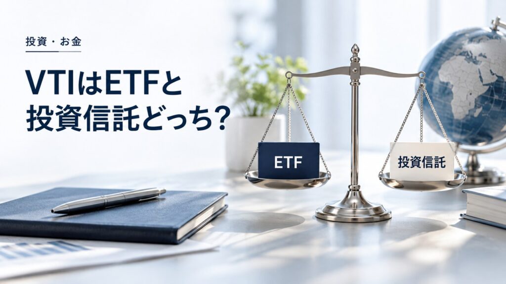投資・お金：VTIはETFと国内投資信託のどちらで持つ？費用・積立・税の違いを題材にしたイメージ