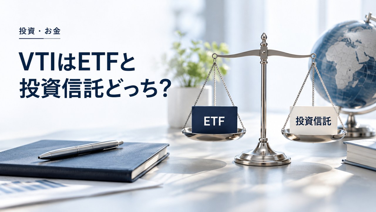 投資・お金:VTIはETFと国内投資信託のどちらで持つ?費用・積立・税の違いを題材にしたイメージ