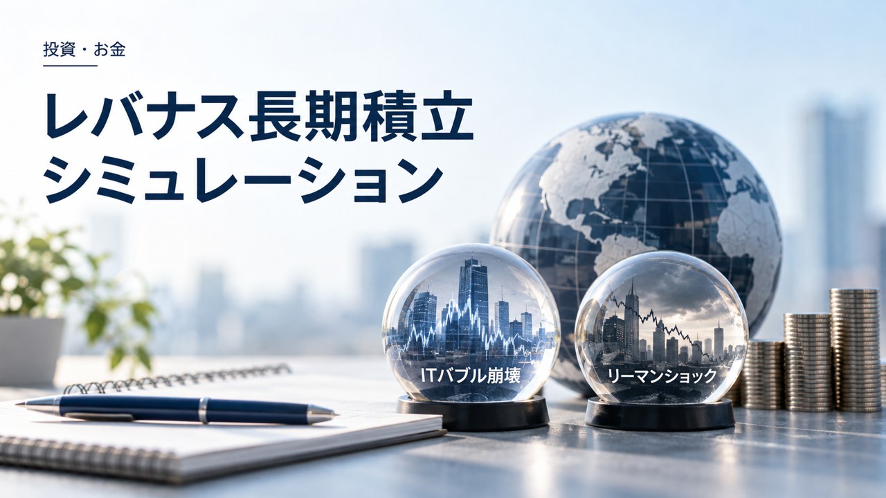 レバナス長期積立シミュレーション:ITバブル崩壊とリーマンショックを紹介するイメージ
