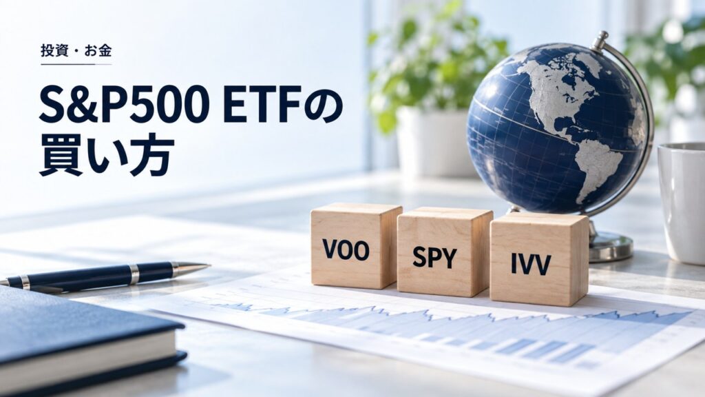 投資・お金：S&P500 ETFの買い方｜VOO・SPY・IVVの費用と注文を題材にしたイメージ