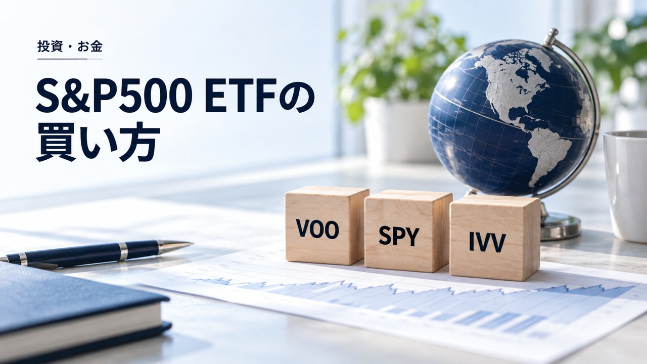 投資・お金：S&P500 ETFの買い方｜VOO・SPY・IVVの費用と注文を題材にしたイメージ