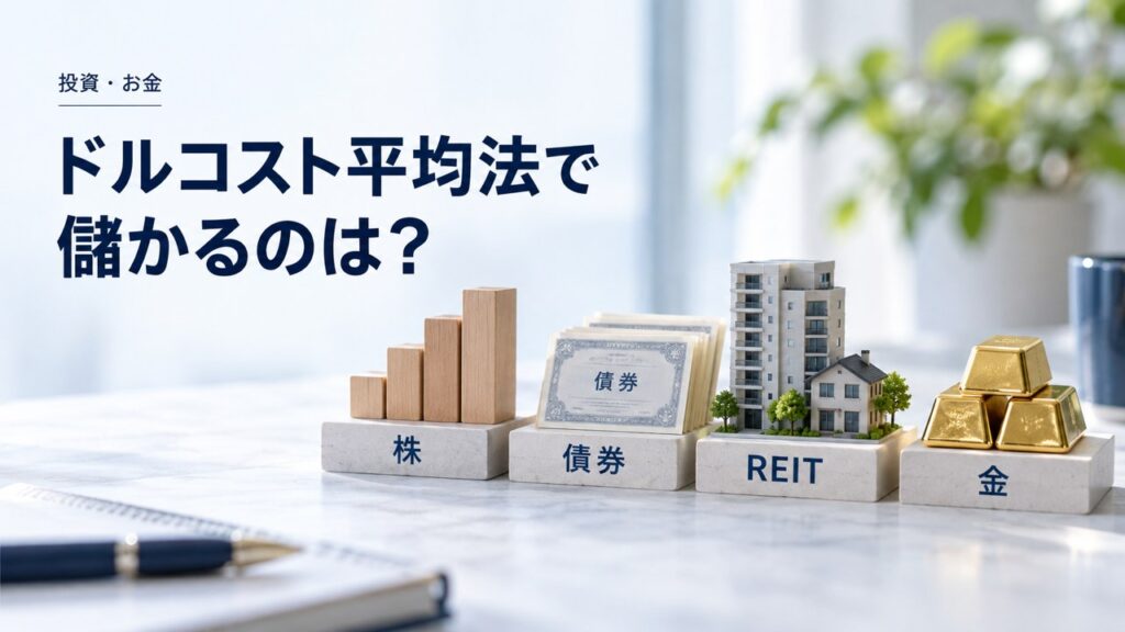投資・お金：ドルコスト平均法とは｜積立の平均購入単価と利益の違いを題材にしたイメージ