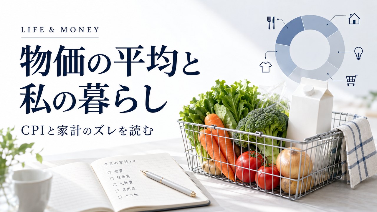 食料品と家計のノートを配した「物価の平均と私の暮らし」の編集用イメージ。