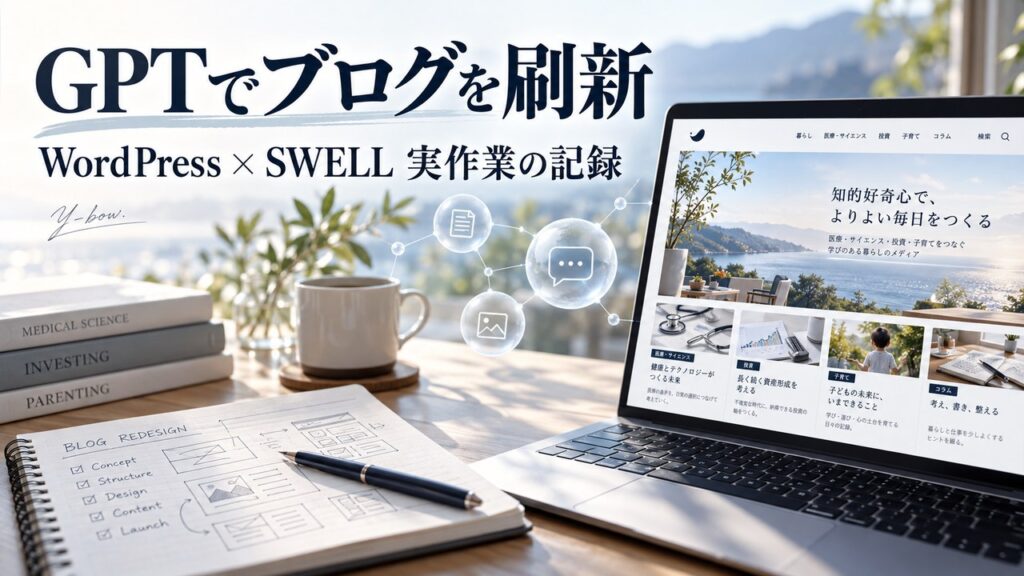 GPTでブログを刷新、WordPress×SWELL実作業の記録。ノートとWebマガジンを表示するパソコンの編集用イメージ。