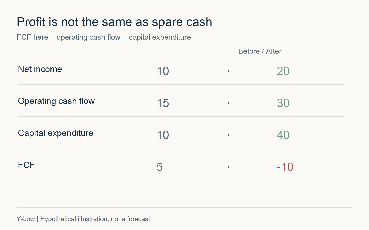 In a hypothetical example, net income rises from 10 to 20 while operating cash flow of 30 minus capex of 40 leaves FCF of minus 10