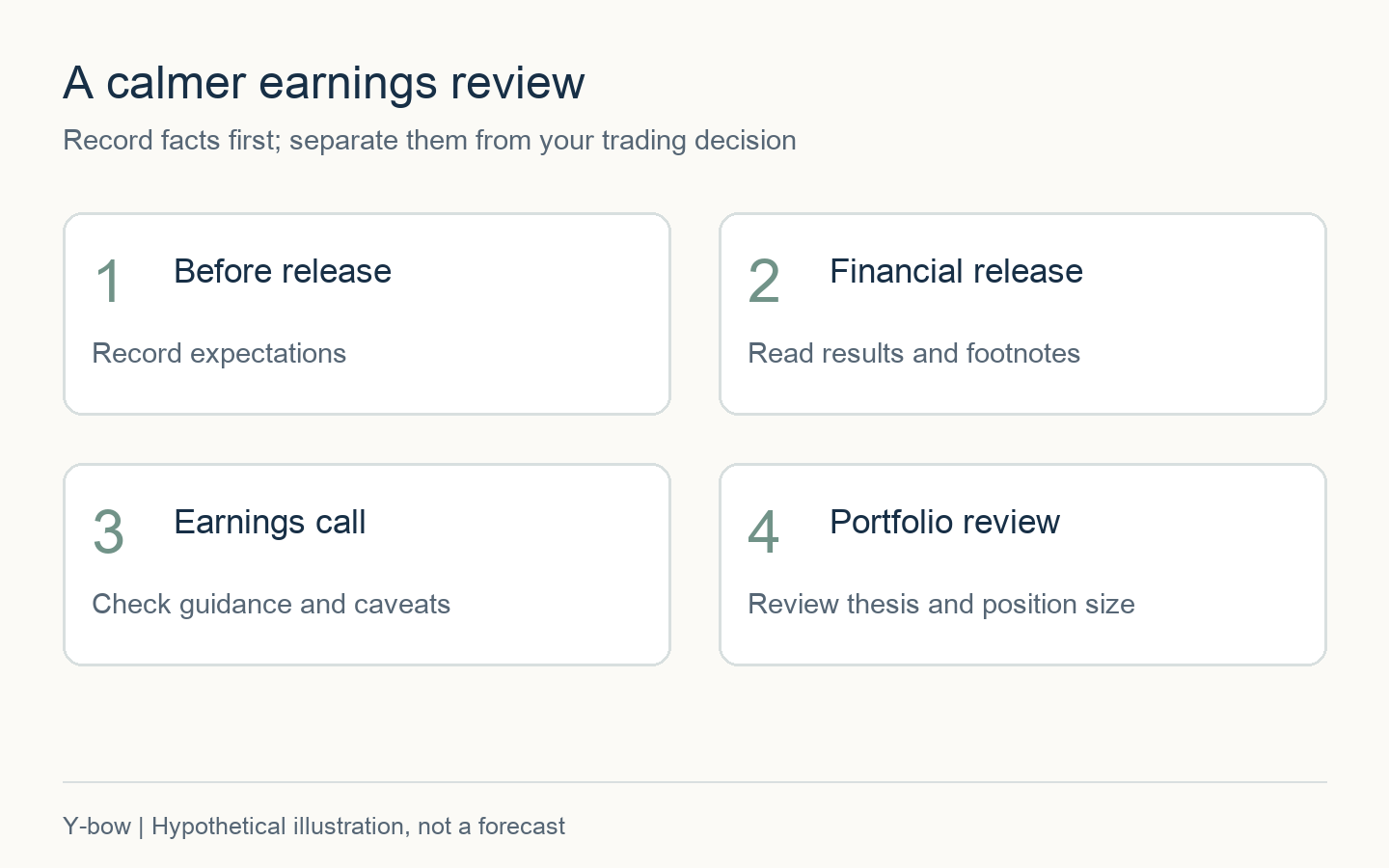 Four stages: record expectations, read the release, check the call, and review the investment thesis and position size