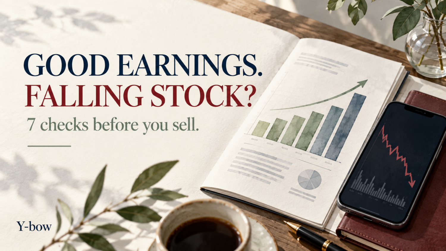 Good earnings. Falling stock? Seven checks before you sell. Earnings report and a falling stock chart illustration.