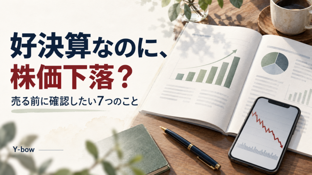 好決算なのに株価下落？売る前に確認したい7つのこと。決算資料と下落する株価のイメージ