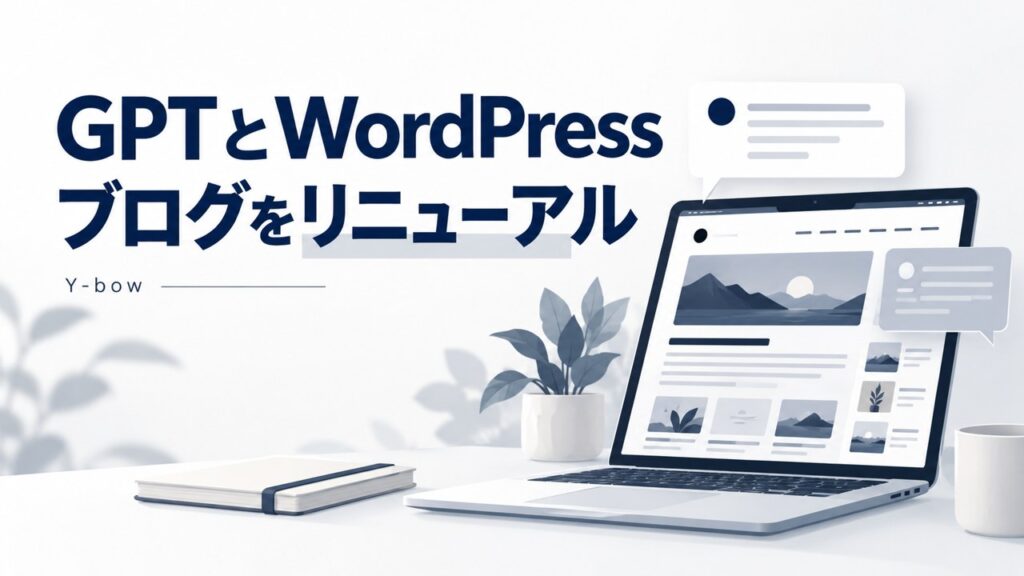 「GPTとWordPress」「ブログをリニューアル」の文字と、Webマガジンを表示したノートパソコンのイラスト