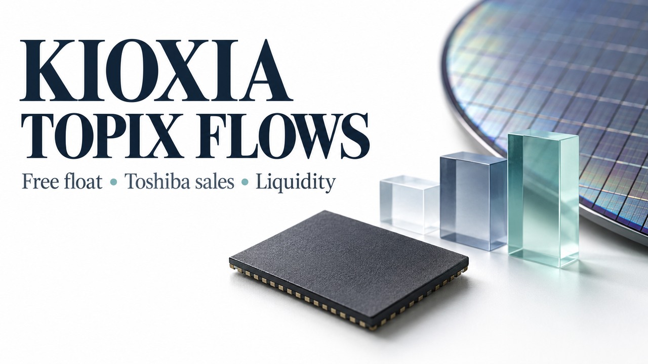 Conceptual cover for Kioxia TOPIX buying: unbranded memory chip, wafer and three blocks representing index allocation.