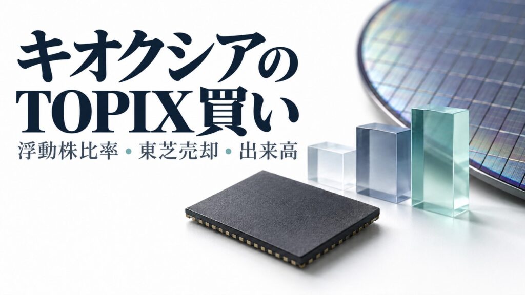 キオクシアのTOPIX買いを解説する概念イメージ。無銘のメモリチップ、ウエハーと指数配分を表す三つのブロック。