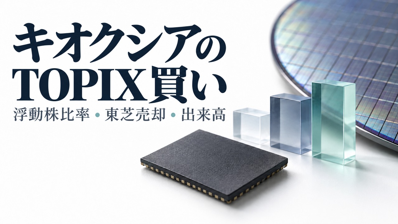 キオクシアのTOPIX買いを解説する概念イメージ。無銘のメモリチップ、ウエハーと指数配分を表す三つのブロック。
