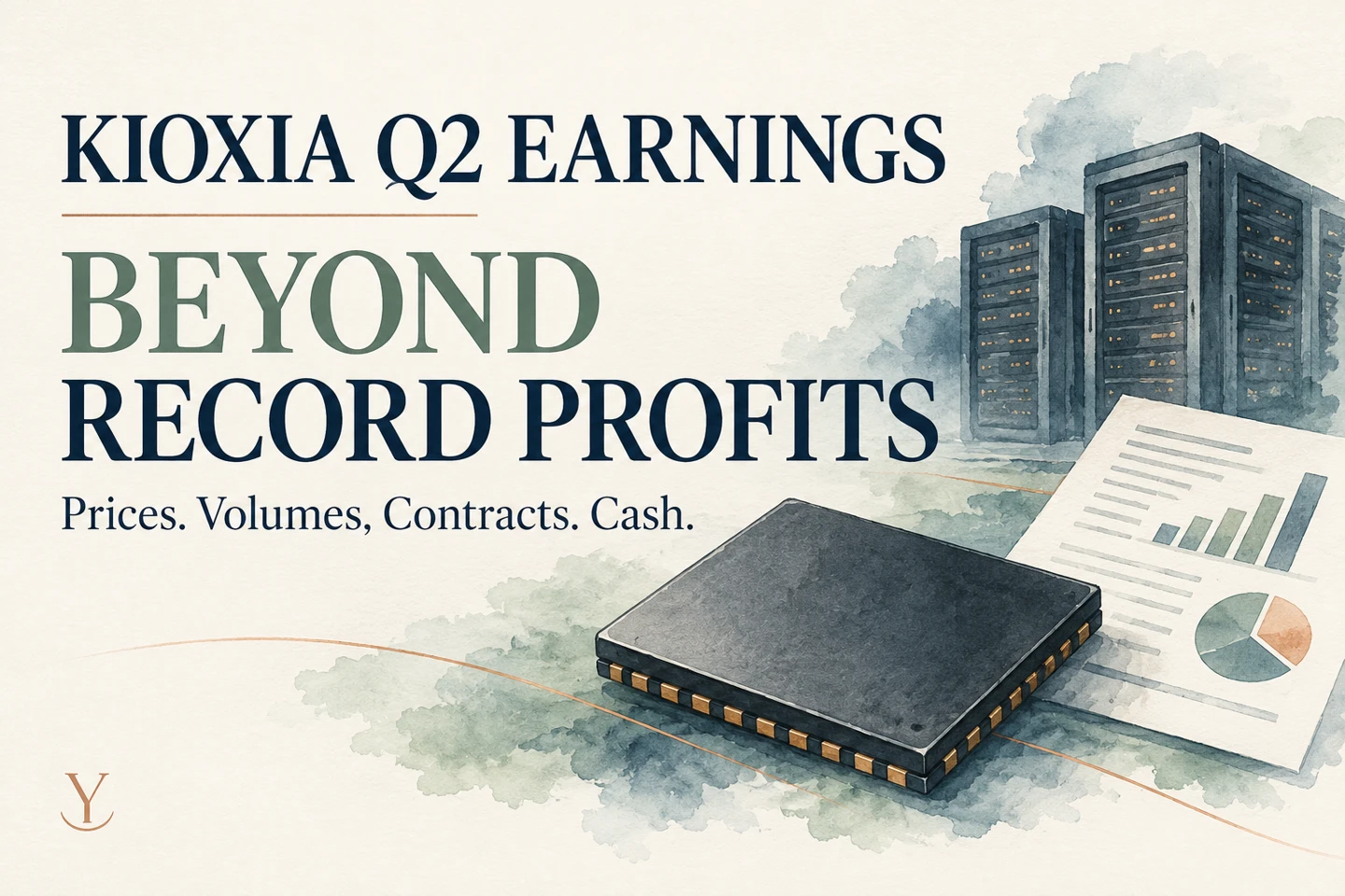 Kioxia Q2 earnings: beyond record profits, examining NAND prices, volume, contracts and cash. Conceptual NAND and server illustration.