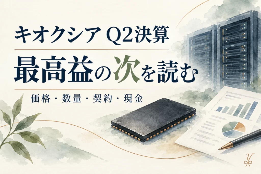 キオクシアQ2決算、最高益の次を価格・数量・契約・現金から読む。NANDとサーバーの概念イラスト。