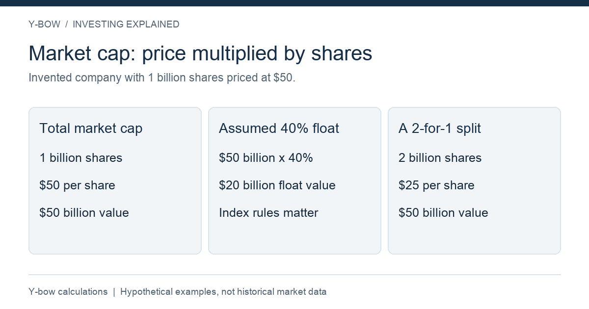 Original hypothetical market capitalization and float illustration by Y-bow. Free-float ratio is assumed; not an actual index weight or current company valuation.