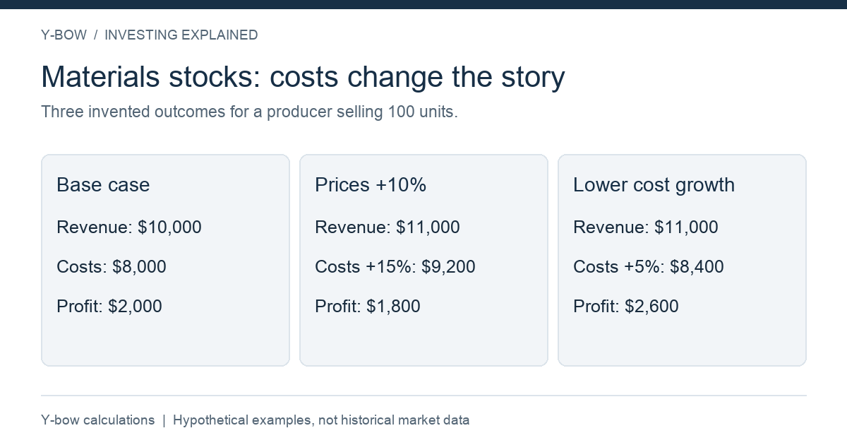 Original hypothetical revenue and operating-cost calculation by Y-bow. Excludes tax, interest and other items; not actual company or ETF data.
