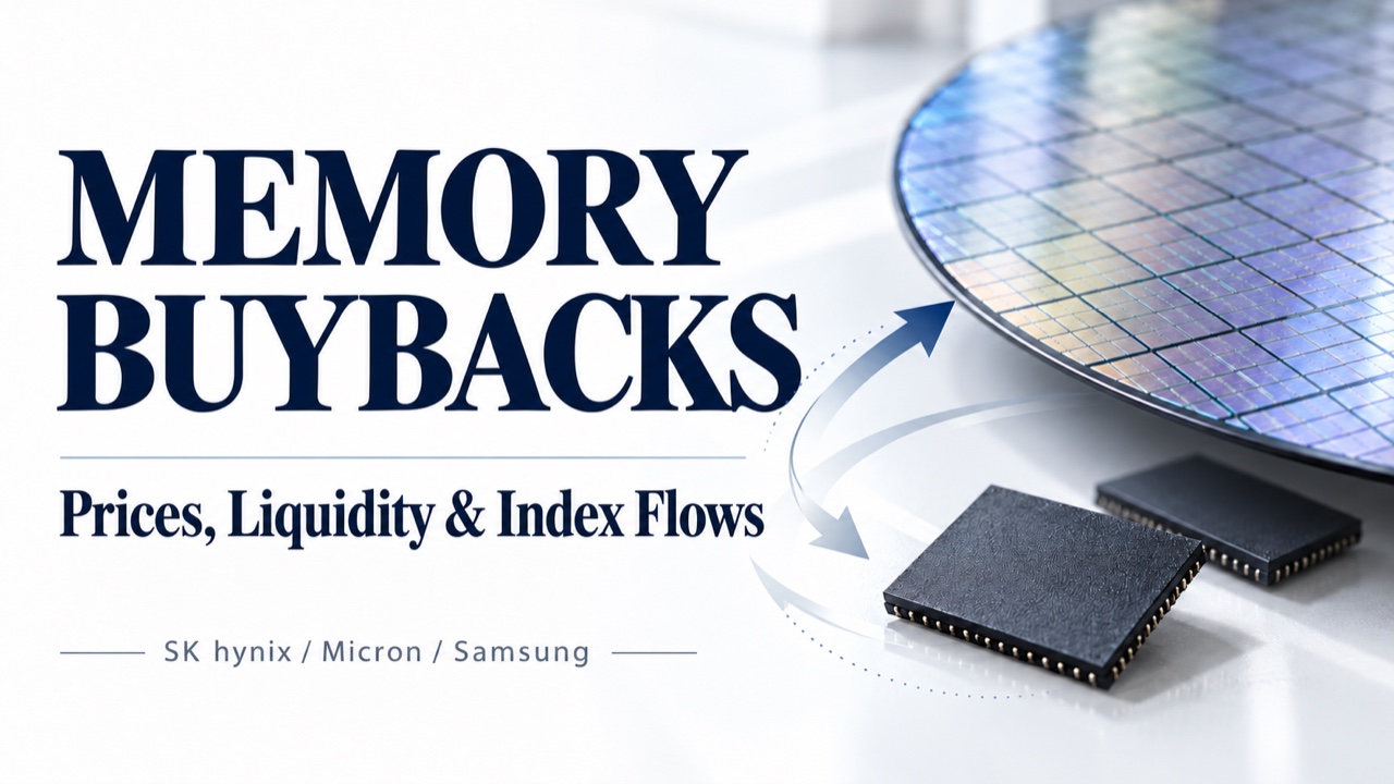 Memory buybacks: prices, liquidity and index flows. Unbranded memory chips and a silicon wafer form a conceptual editorial cover.