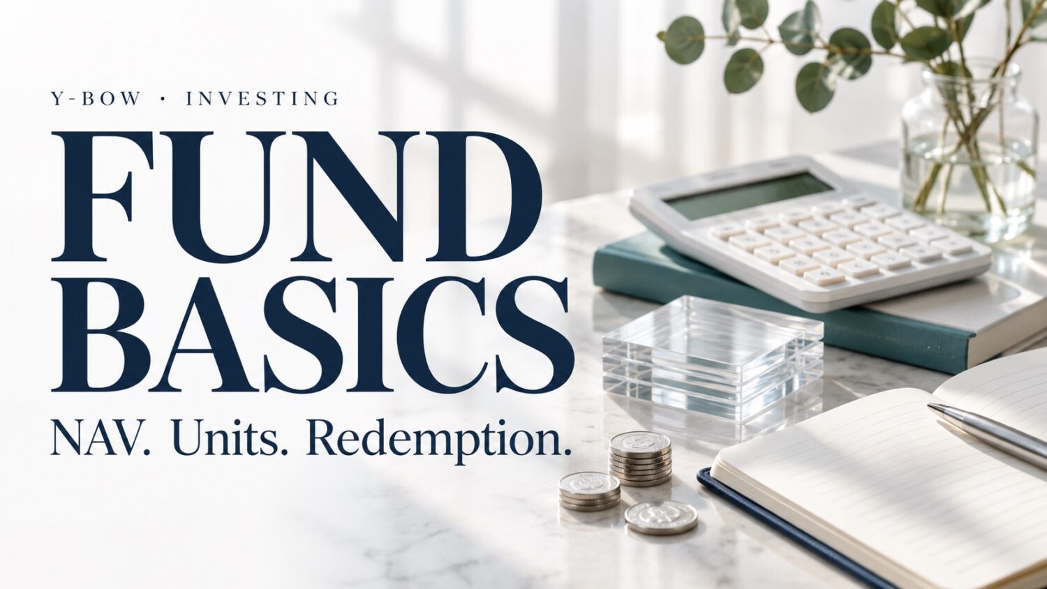 FUND BASICS: NAV. Units. Redemption.. Conceptual editorial illustration.