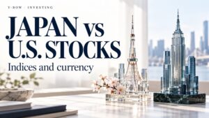JAPAN vs U.S. STOCKS: Indices and currency. Conceptual editorial illustration.